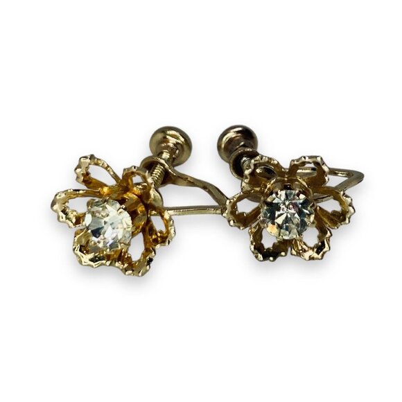 Vintage Gold Tone Heart Hoop Flower Rhinestone Screw Back Earrings - Picture 4 of 4